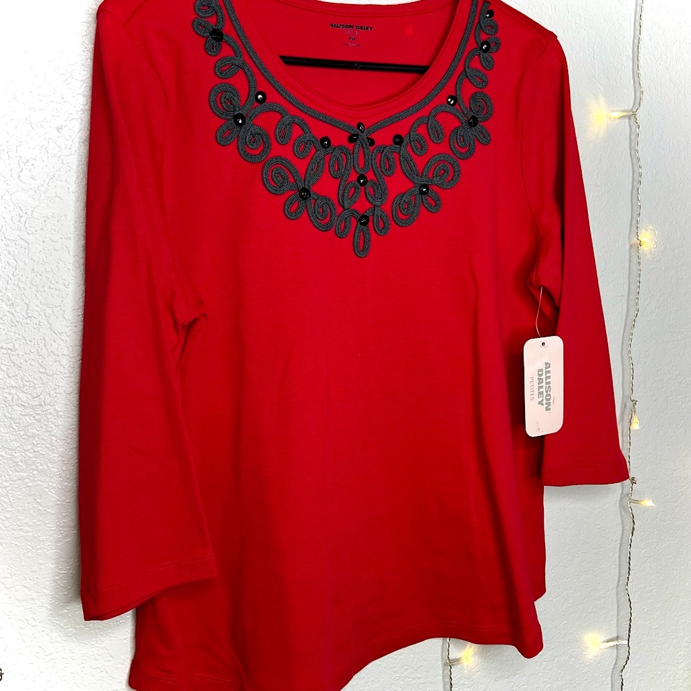 NWT Embroidered Beaded Red Christmas Soft Top